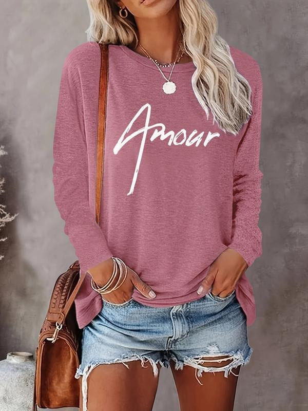 Women's Valentine's Day Letter Print Long Sleeve Casual Fitted T-Shirt, Comfortable Fabric, Available in 9 Colors style...