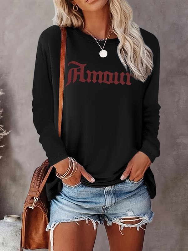Women's Valentine's Day Letter Print Long Sleeve Casual Fitted T-Shirt, Comfortable Fabric, Available in 9 Colors Hoodie...