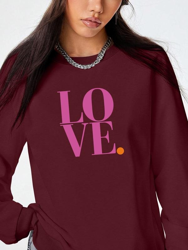 Women's Valentine's Day Letter Print Long Sleeve Round Neck Pullover Sweatshirt, Casual Fitted Design, Available in 9...