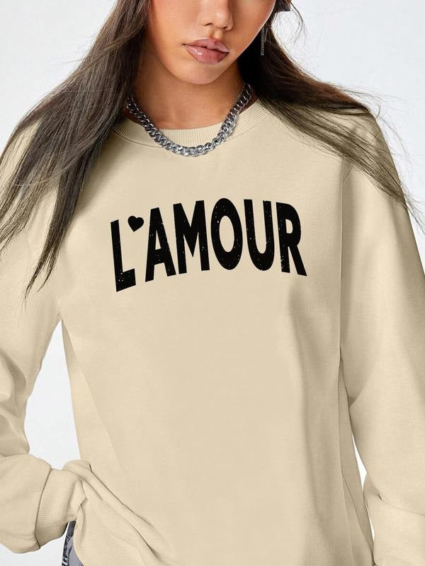 Women's Valentine's Day Letter Print Long Sleeve Round Neck Pullover Sweatshirt, Casual Fitted Design, Available in 9...