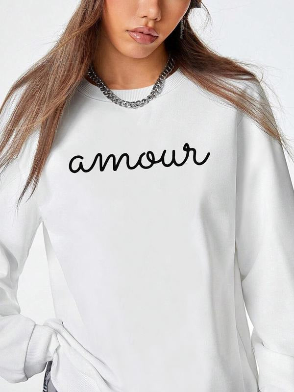 Women's Valentine's Day Letter Print Long Sleeve Round Neck Pullover Sweatshirt, Casual Fitted Design, Available in 9...