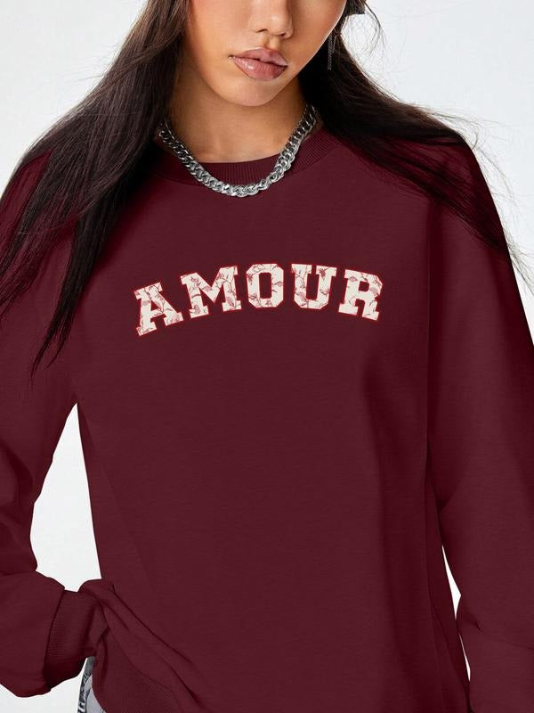 Women's Valentine's Day Letter Print Long Sleeve Round Neck Pullover Sweatshirt, Casual Fitted Design, Available in 9...