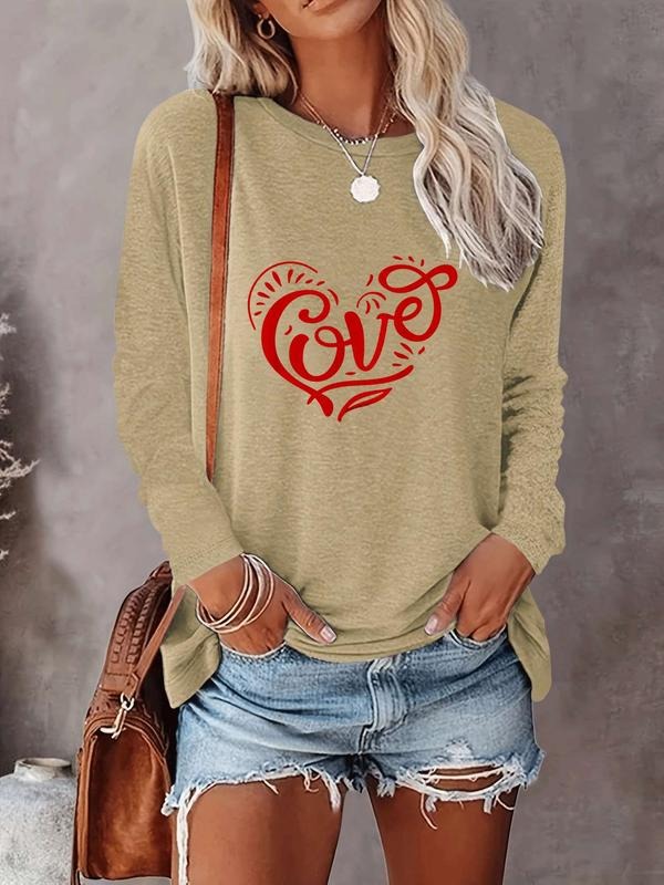 Women's Valentine's Day Love Letter Print Heart Pattern Long Sleeve Casual Fitted Round Neck Tee Shirt, Comfortable...