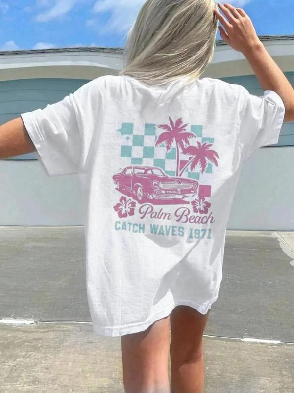 Women's Vintage Car & Palm Tree Print Round Neck Tee, Casual Short Sleeve T-shirt for Summer, Ladies Clothes for Daily...