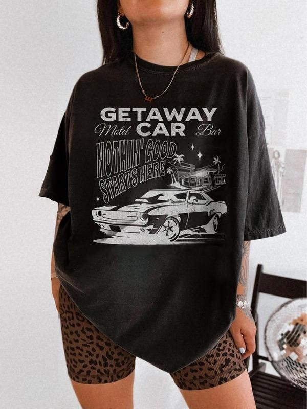 Women's Vintage Car Graphic Round Neck Tee, Casual Short Sleeve T-shirt for Summer, Ladies Clothes for Daily Wear, Top...