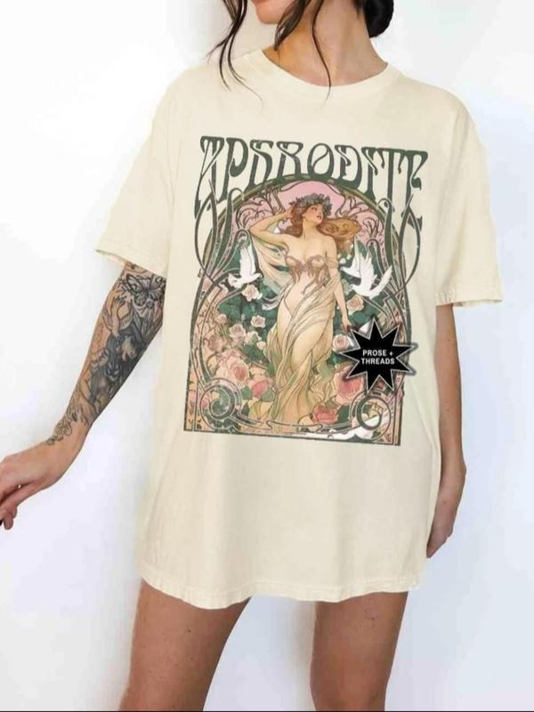 Vintage Figure & Floral Print Round Neck Casual Short Sleeve Summer Top Daily T-Shirts, Hoodie, Sweatshirt