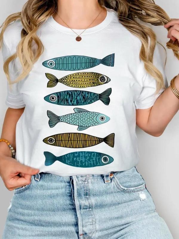 Women's Vintage Fish Print Round Neck Tee, Casual Short Sleeve Crew Neck T-shirt for Daily Wear, Ladies Clothes for All...
