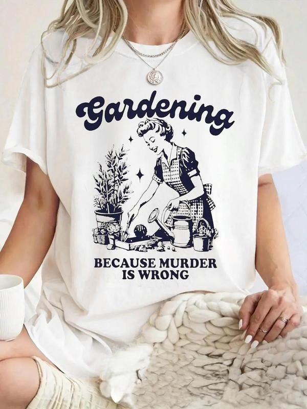 Women's Vintage Gardening Print Round Neck Tee, Casual Short Sleeve Crew Neck T-shirt for Summer, Women's Top for Daily...