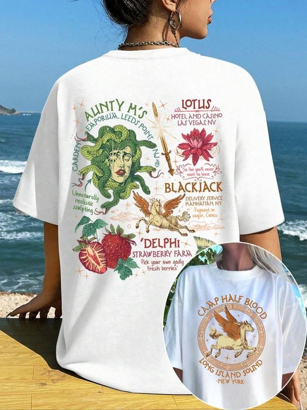 Women's Vintage Graphic Print Round Neck Tee, Casual Figure & Plant Print Short Sleeve T-shirt for Summer, Ladies Clothes...
