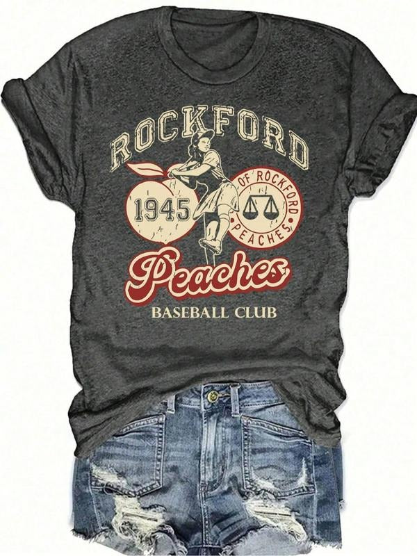 Women's Vintage Rockford Peaches Round Neck Graphic Tee, Casual Short Sleeve T-shirt for Summer, Women's Top for Daily...