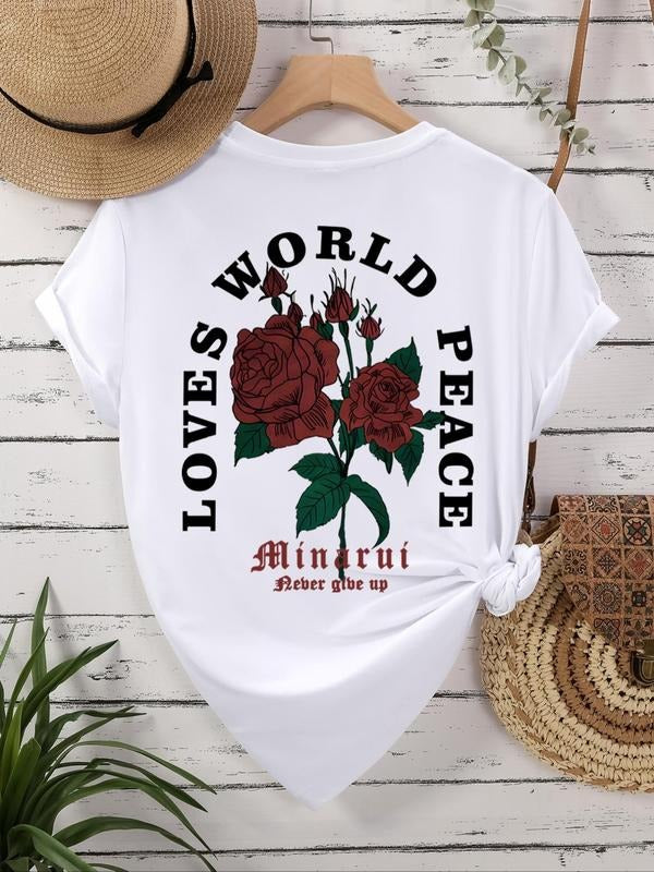 Vintage Rose & Letter Print Round Neck Casual Short Sleeve Daily Clothes All Seasons T-Shirts, Hoodie, Sweatshirt