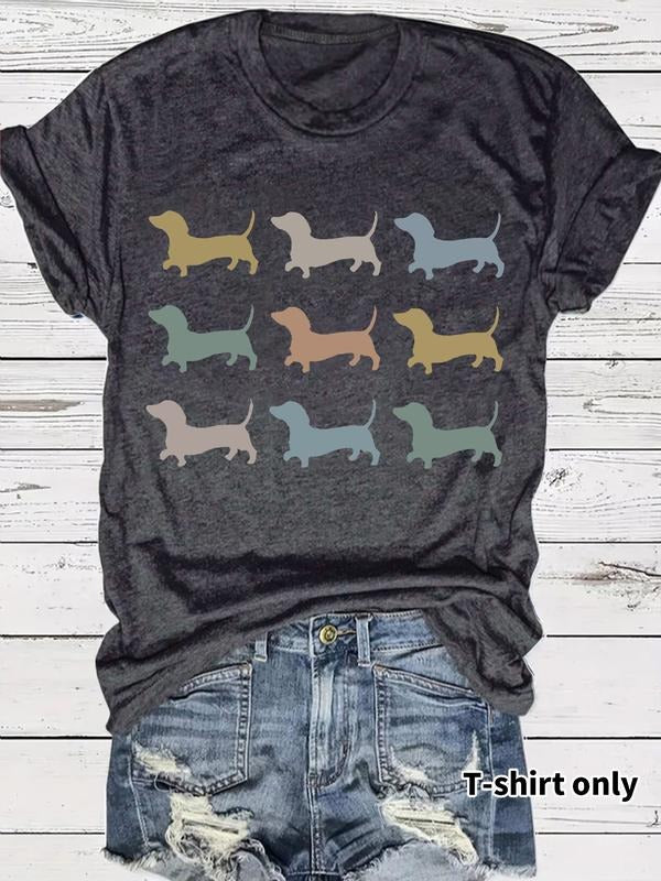 Women's Vintage Sausage Dog Print Casual Summer Top, Round Neck Short Sleeve T-Shirt, Comfortable Breathable Fit, Sizes S-Xxl