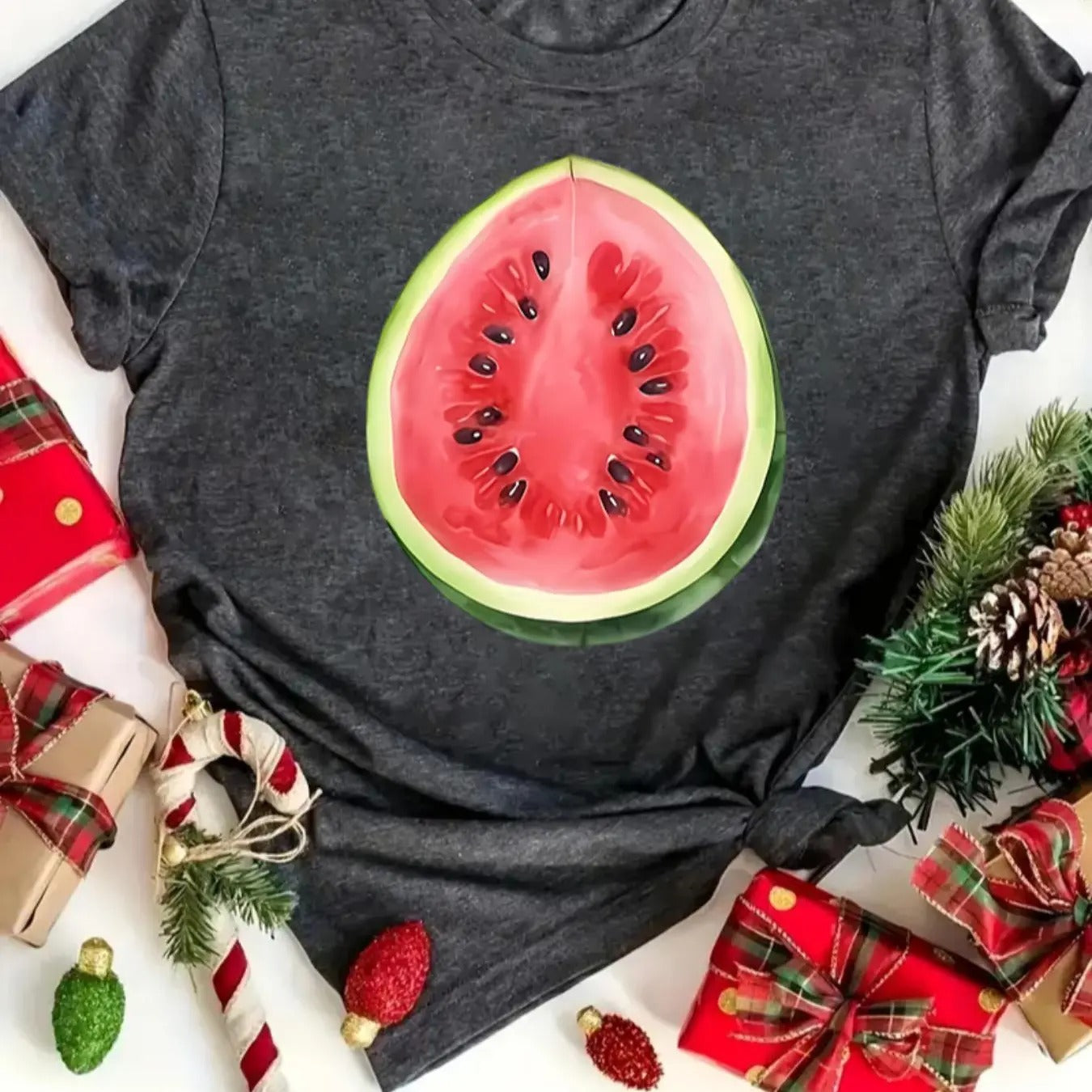 Women's Watermelon Print Round Neck Tee, Casual Short Sleeve Crew Neck T-Shirt for Summer, Fashion Women's Top for Daily...