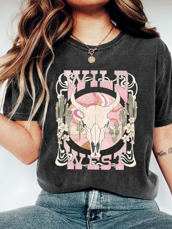 Wild West Print Round Neck Vintage Casual Figure Skinny Daily Summer Top T-Shirts, Hoodie, Sweatshirt