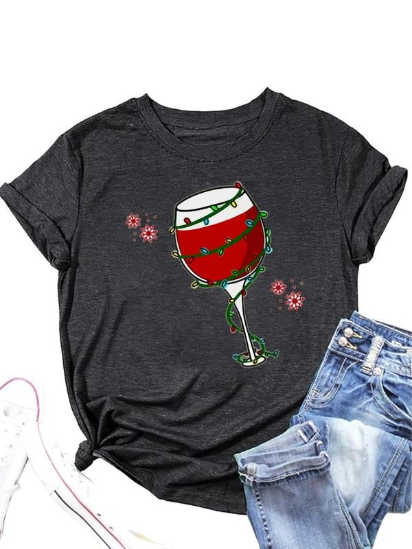 Women's Wine Glass & Light Strip Print Round Neck Tee, Casual Cartoon Short Sleeve T-shirt for Daily Wear, Ladies Clothes...