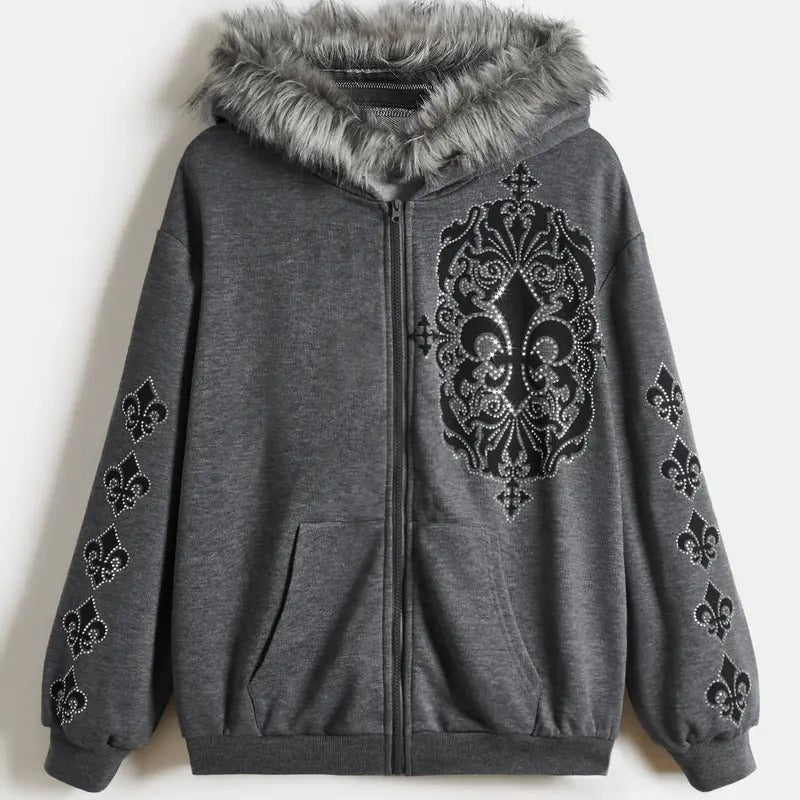 Zip Up Rhinestone Contrast Faux Fur Long Sleeve Jacket Pockets T-Shirts, Hoodie, Sweatshirt