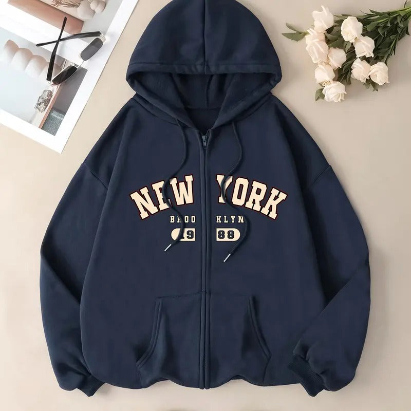 Women's Zip Up Hoodies Letter Print Drawstring Long Sleeve Sweatshirt Jacket with Pocket T-Shirts | PrintMintTees.com