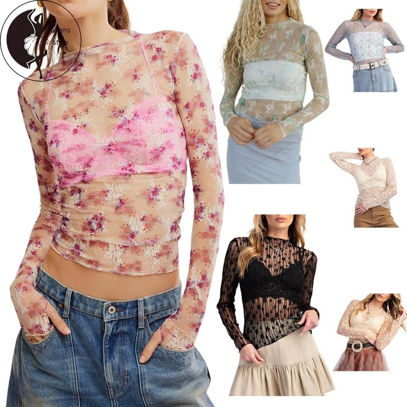 Women'sMesh Tops Floral Print Long Sleeve Mock NeckT-Shirt for Spring, Summer Hoodie Sweatshirt | PrintMintTees.com