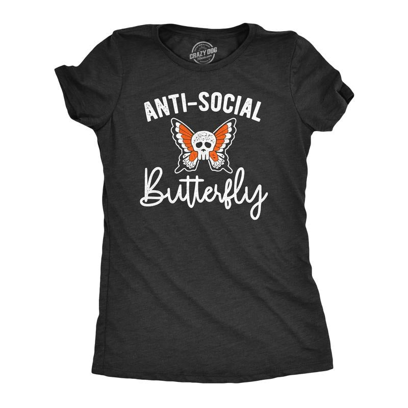 Womens Anti-Social Butterfly T Shirt Funny Introvert Skull Tee Funny Womens T Shirts Cute Slimming Top Comfortable Soft...