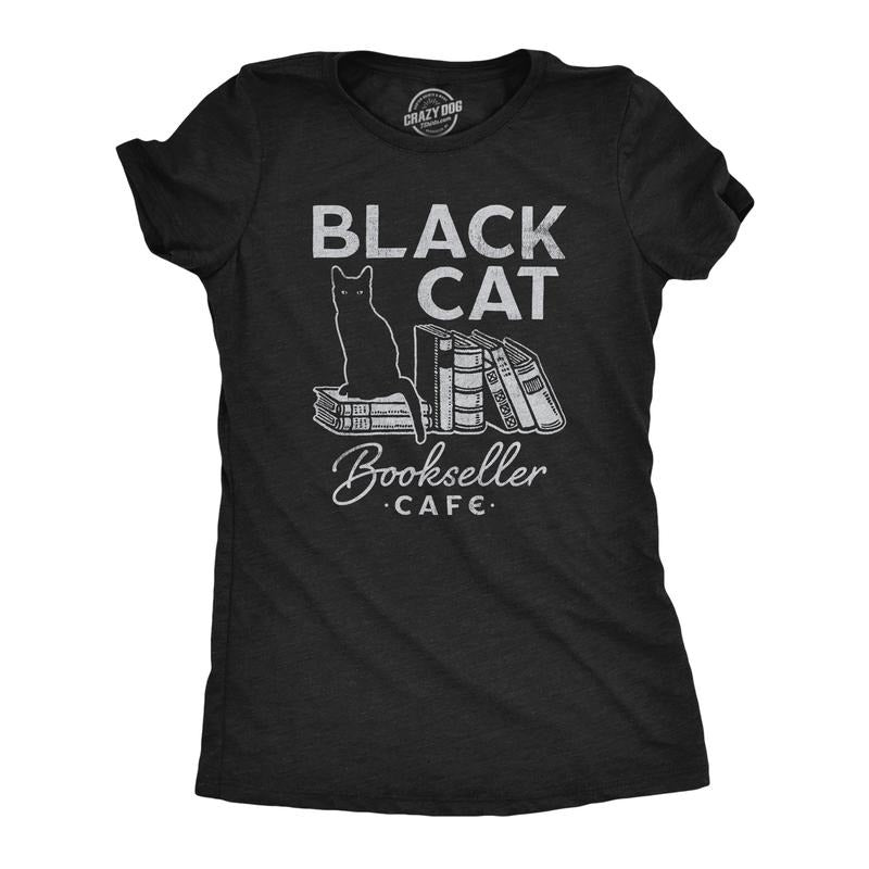 Womens Black Cat Bookseller Cafe T Shirt Funny Halloween Book Lovers Novelty Tee For Ladies Funny Womens T Shirts Cute...