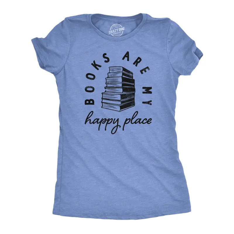 Womens Books Are My Happy Place T Shirt Funny Book Worm Reading Lovers Tee For Ladies Funny Womens T Shirts Cute Slimming...