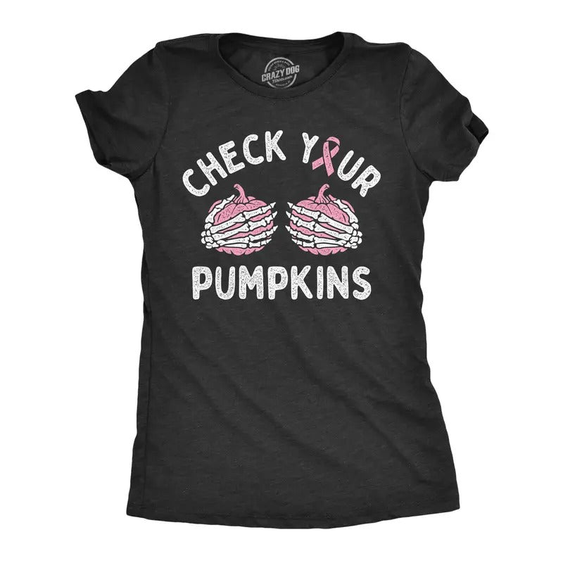 Womens Check Your Pumpkins T Shirt Funny Halloween Breat Cancer Awareness Tee For Ladies Funny Womens T Shirts Cute...