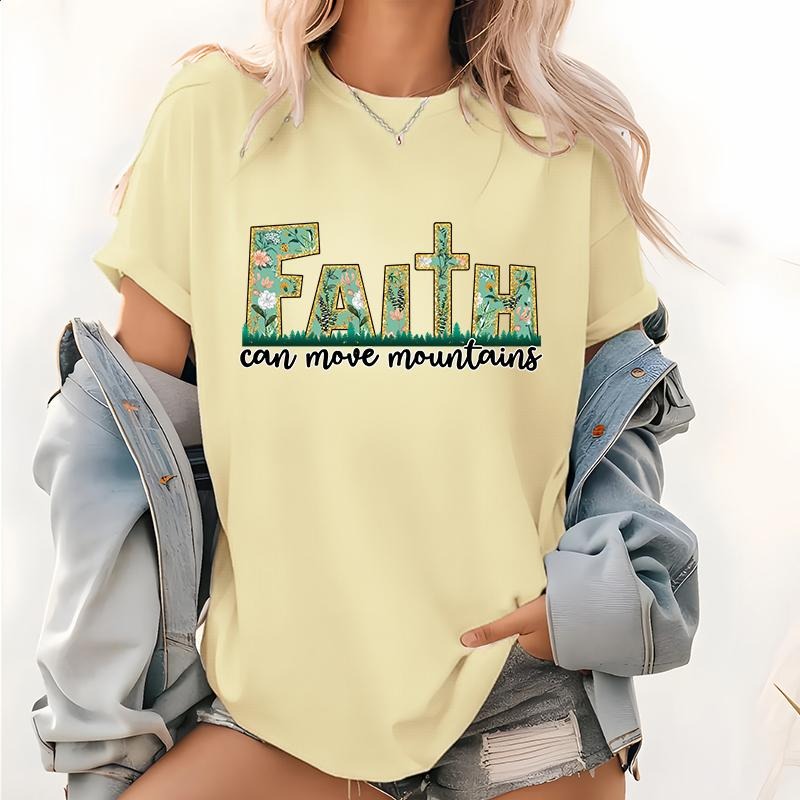 Womens Christian Print T-Shirt Faith Can Move Mountains, Christian, Floral Tee Church Clothes Christian Gifts Jesus T...