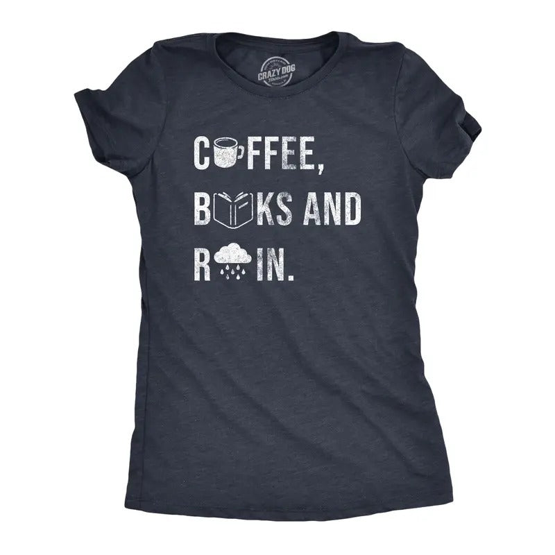 Womens Coffee Books And Rain T Shirt Funny Caffeine Reading Lovers Tee For Ladies Funny Womens T Shirts Cute Slimming Top...