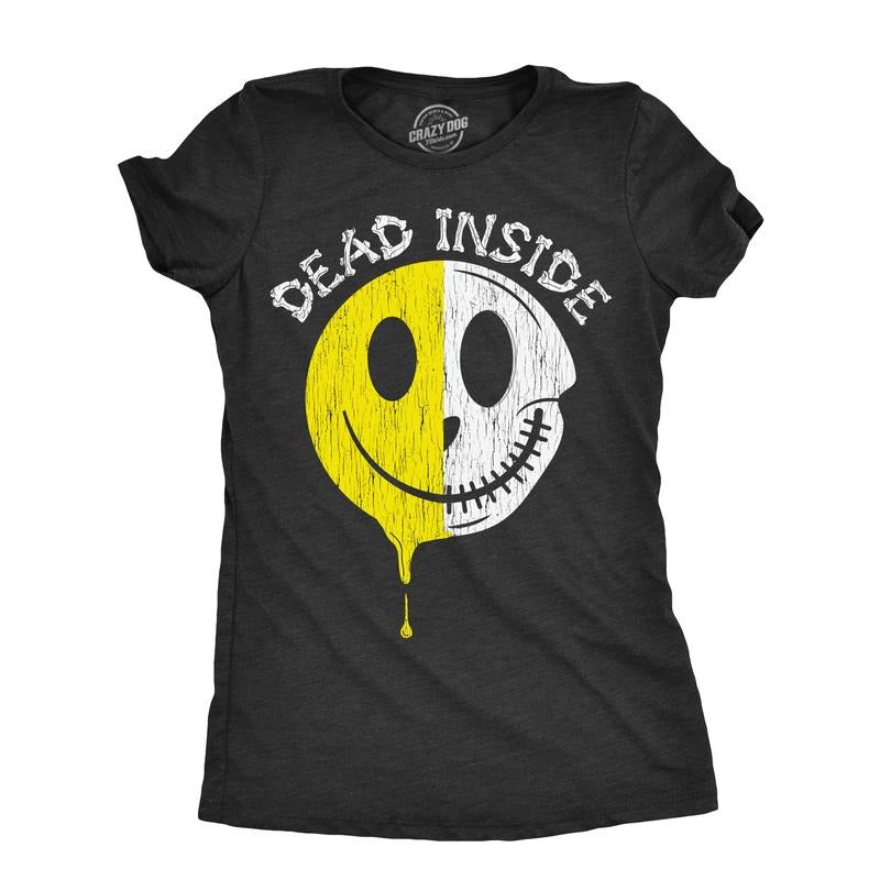 Womens Dead Inside T Shirt Funny Creepy Skeleton Smile Face Joke Tee for Ladies Funny Womens T Shirts Cute Slimming Top...