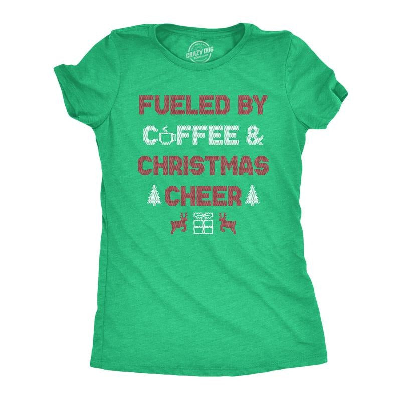 Womens Fueled By Coffee And Christmas Cheer Funny Xmas Spirit Caffeine Lovers Tee For Ladies Funny Womens T Shirts Cute...