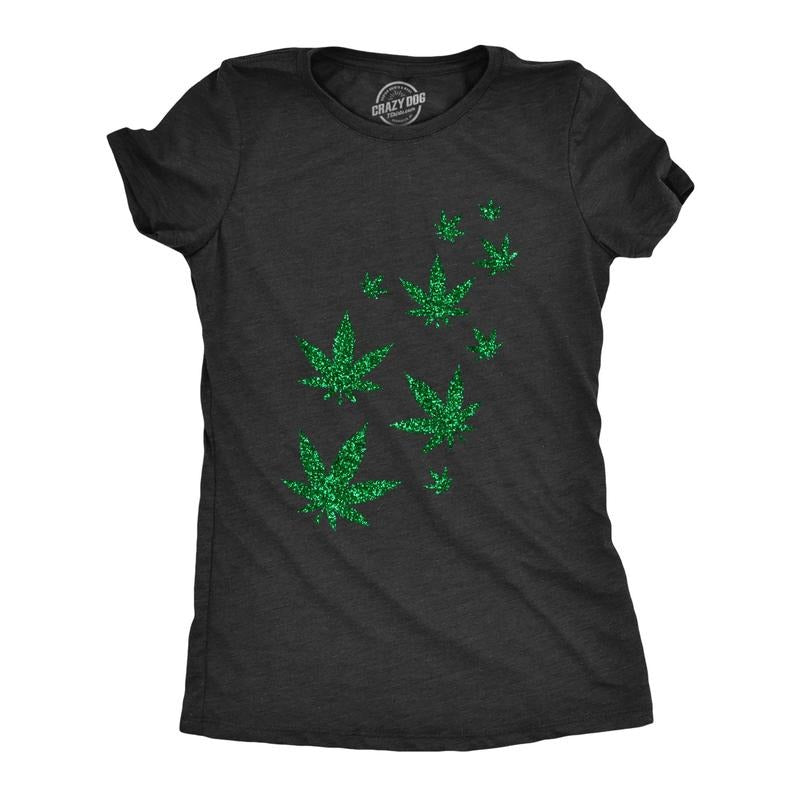 Womens Glitter Pot Leaves T Shirt Cute 420 Lovers Weed Leaf Graphic Novelty Pothead Top Hoodie Sweatshirt | PrintMintTees.com