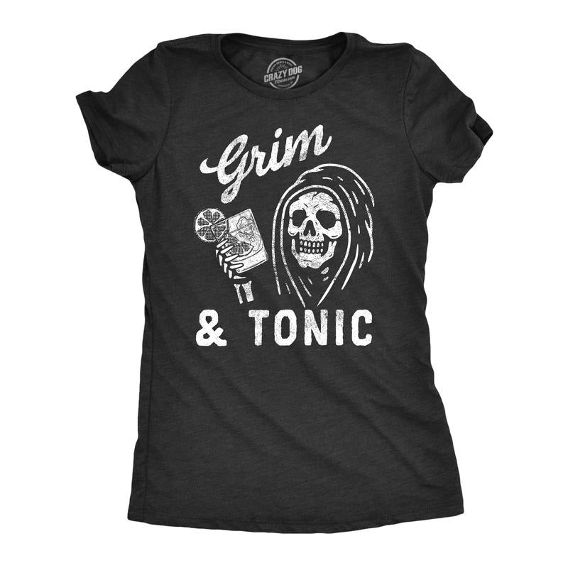 Womens Grim and Tonic T Shirt Funny Spooky Halloween Reaper Mixed Drink Joke Tee for Ladies Funny Womens T Shirts Cute...