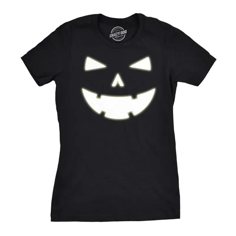 Womens Happy Tooth Glow in the Dark Pumpkin T Shirt Face Halloween Tee For Ladies Funny Womens T Shirts Cute Slimming Top...