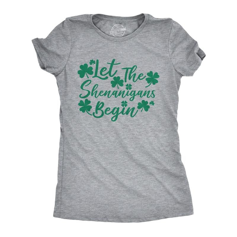Womens Let The Shenanigans Begin Funny Saint Patricks Day Saying T-Shirt Clover Funny Womens T Shirts Cute Slimming Top...
