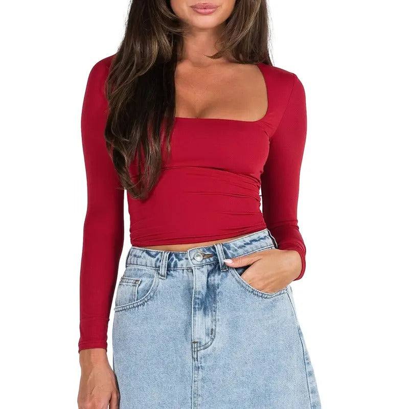 Womens Long Sleeve Square Neck Shirts  Fashion Low Cut Solid Color Slim Fit Tees Casual Basic Y2K Crop Tops Hoodie Sweatshirt