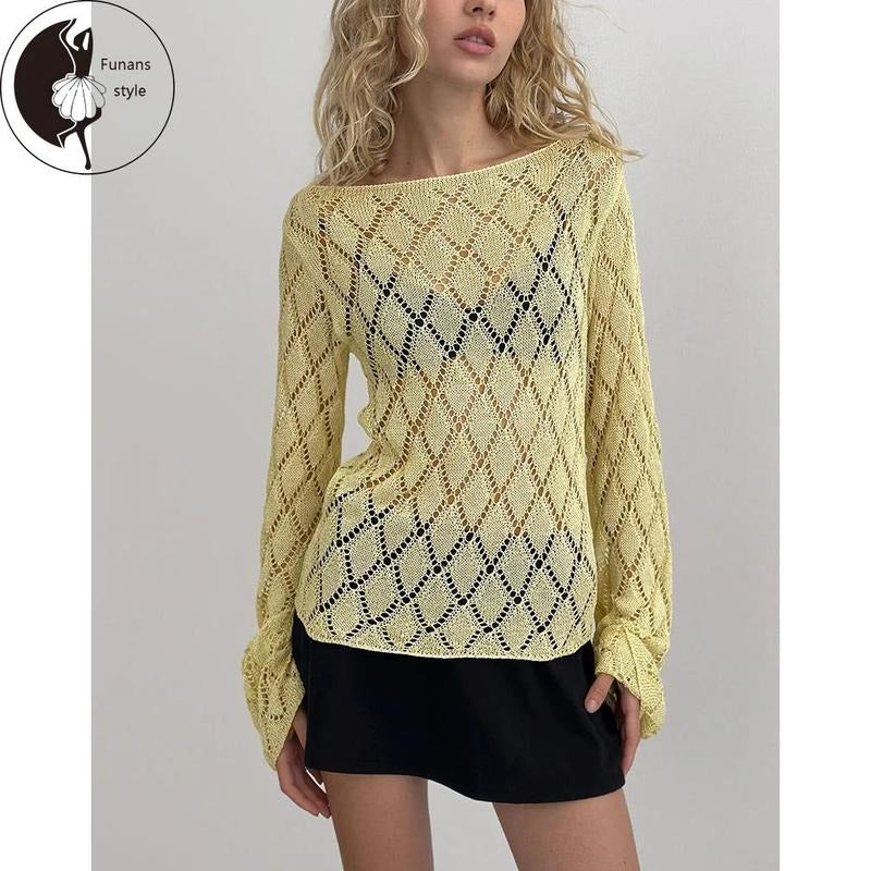Womens Long Sleeve Tee Shirt Sheer Knit Top Black Boat Neck Diamond PatternFit Stylish Going Out Top for Fall Layering...