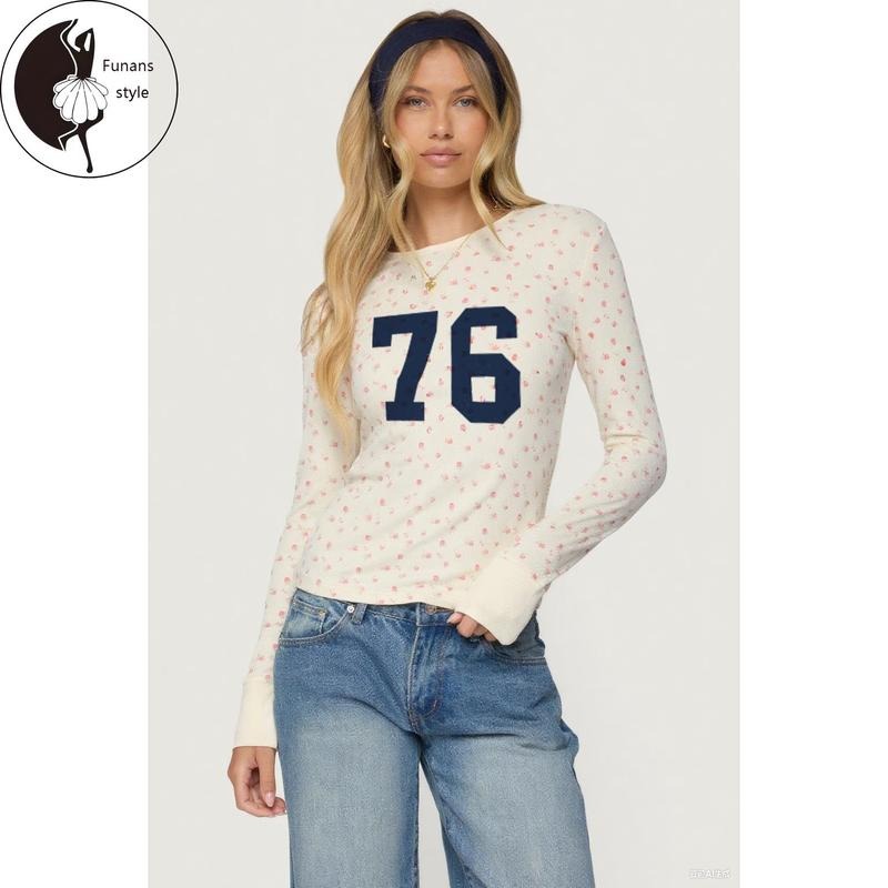 Womens Long Sleeve Tops Fall Crew Neck Casual Fashion Floral Number PrintFit Shirts Hoodie Sweatshirt | PrintMintTees.com