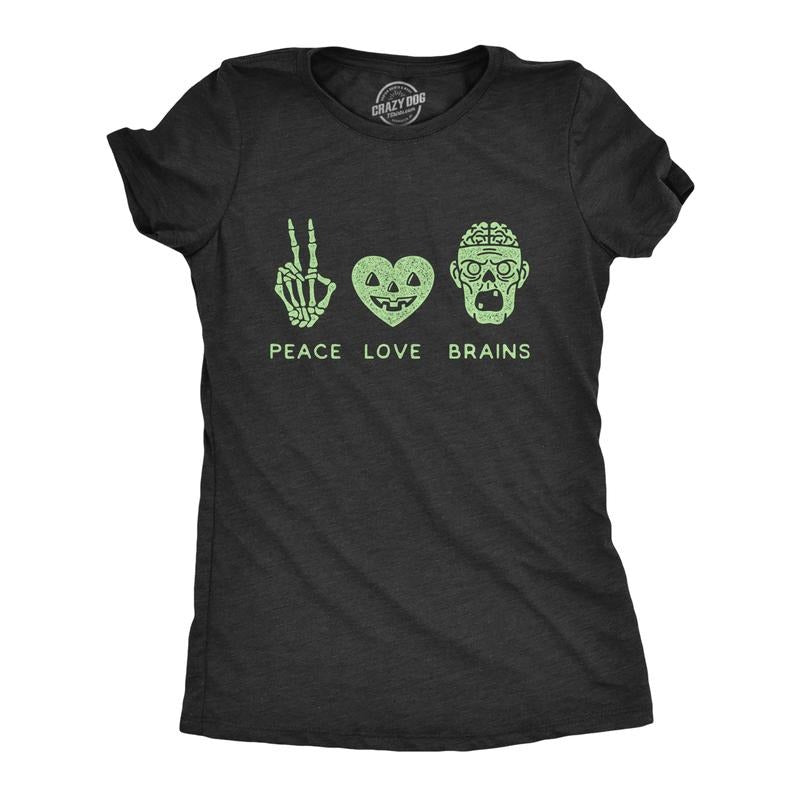 Womens Peace Love Brains T Shirt Funny Halloween Skeleton Zombie Graphic Tee Funny Womens T Shirts Cute Slimming Top...
