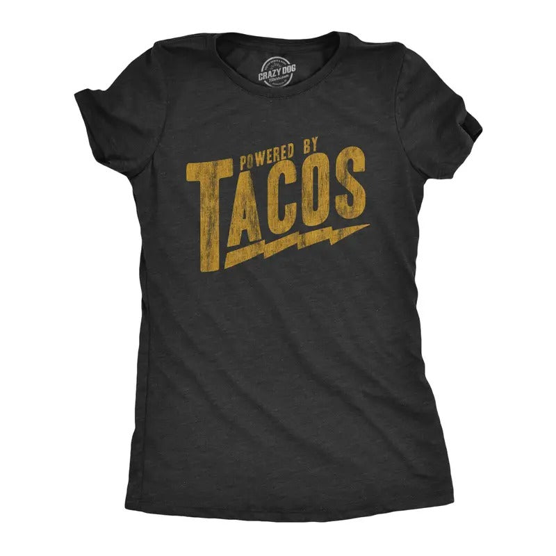 Womens Powered By Tacos T Shirt Funny Sarcastic Vintage Retro Graphic Tee for Girls Funny Womens T Shirts Cute Slimming...