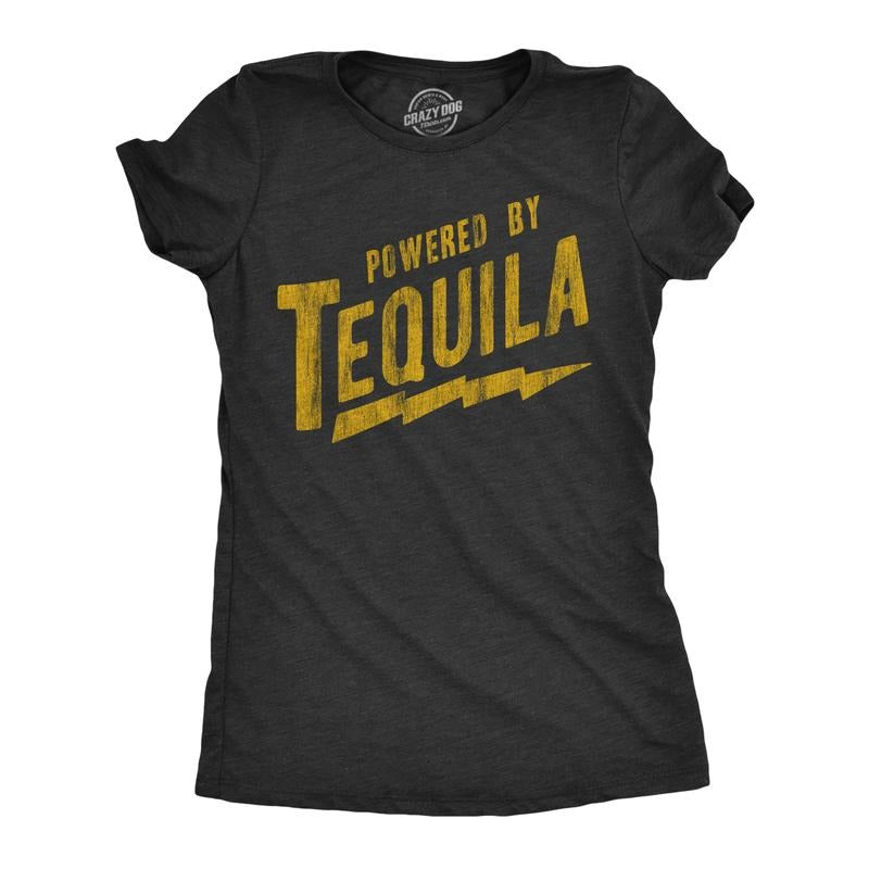 Womens Powered By Tequila T Shirt Funny Liquor Lovers Drinking Tee For Ladies Funny Womens T Shirts Cute Slimming Top...