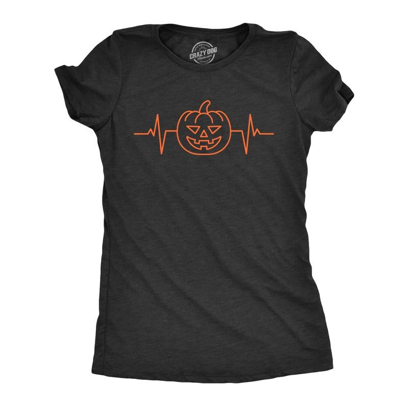 Womens Pumkpin Heart Beat T Shirt Funny Cool Halloween Jack O Latern Pulse Tee For Ladies Funny Womens T Shirts Cute...