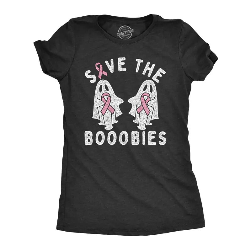 Womens Save The Booobies T Shirt Awesome Halloween Breast Cancer Awareness Ghost Tee for Ladies Funny Womens T Shirts...