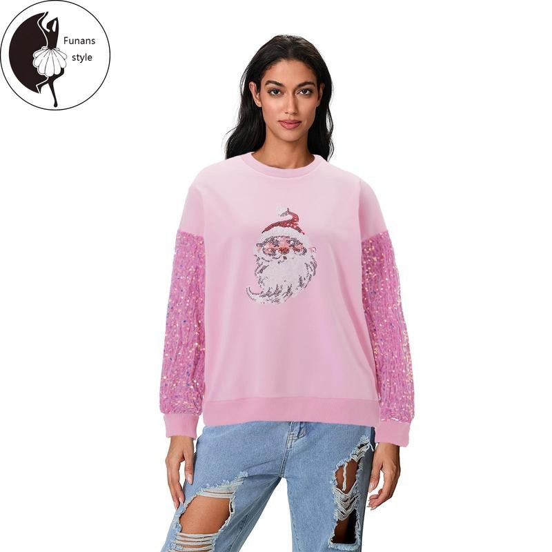 Womens Sequin Christmas Sweatshirt Santa Letter Print Crew Neck Long Sleeve Pullover Tops Casual Streetwear Shirt Hoodie