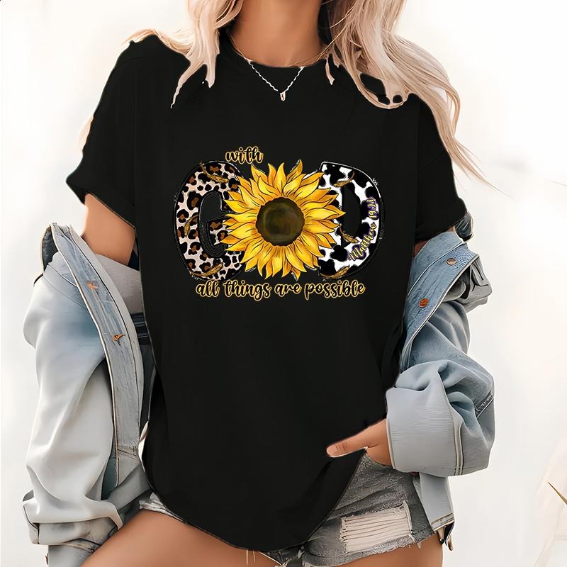 Womens Short Sleeve Print T-shirts, With All Things Are Possible With God Tops, Faith Tee, Christian Shirts, Religious...