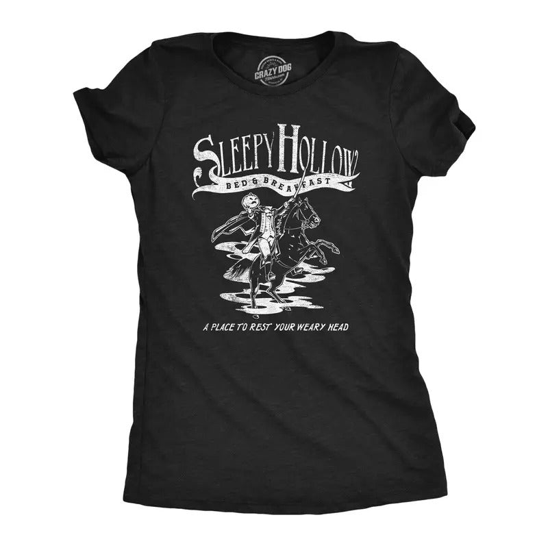 Womens Sleepy Hollow Bed And Breakfast T Shirt Funny Halloween Spooky Hotel Inn Joke Tee For Ladies Funny Womens T Shirts...