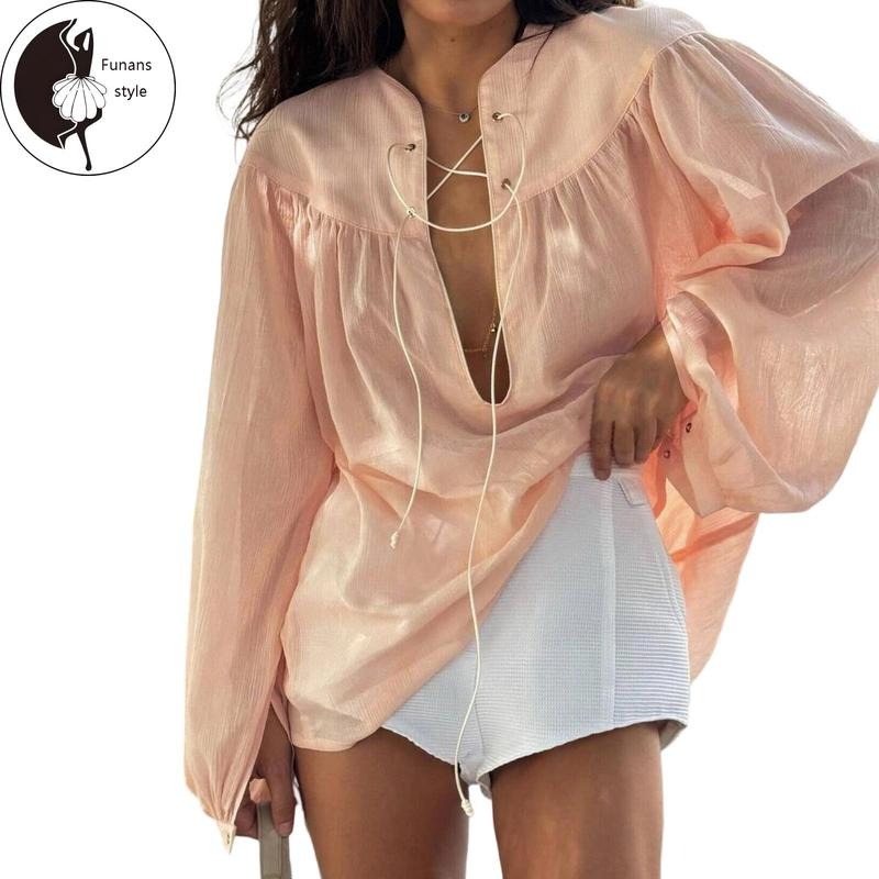 Womens Tops Fall Deep V Neck Lantern Long Sleeve Solid Color Casual Loose Babydoll Flowy Shirts Hoodie Sweatshirt