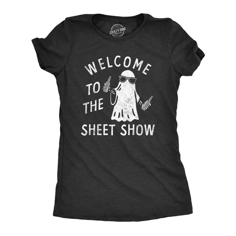 Womens Welcome To The Sheet Show T Shirt Funny Halloween Partying Bedsheet Ghost Tee For Ladies Funny Womens T Shirts...