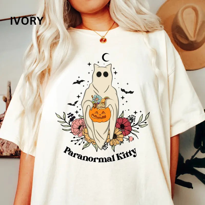 Womens graphic tees, Womens Halloween Cat Shirt, Paranormal Kitty Shirt, Cats Shirt, Cat Mom, Comfort Colors Halloween...
