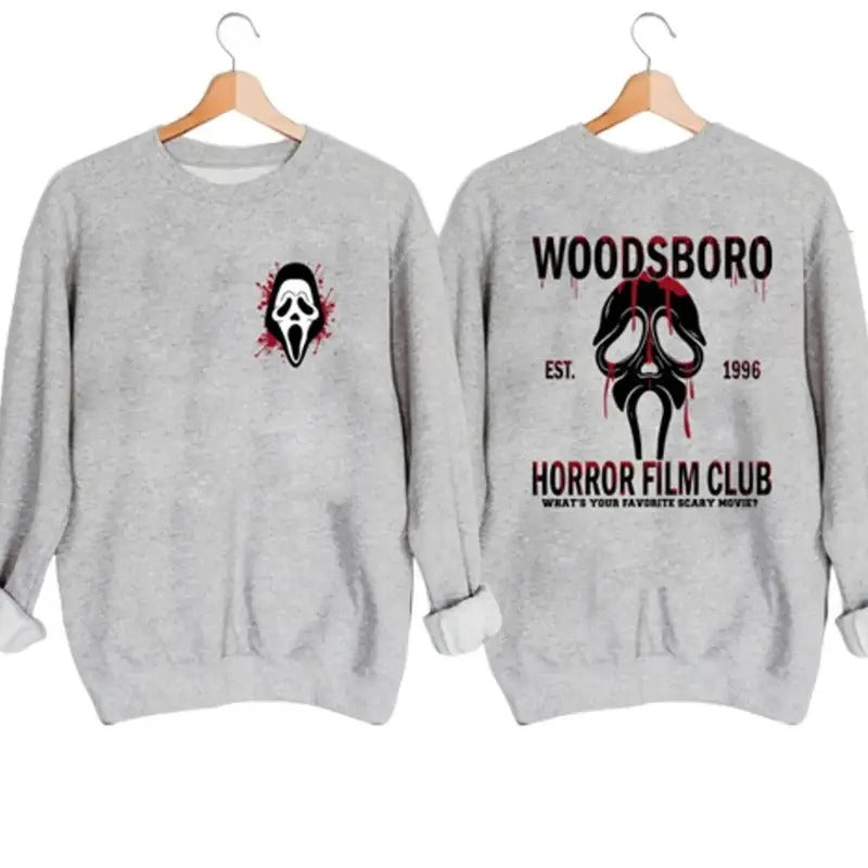 Woodsboro Horror Film Club Halloween Sweatshirt Hoodie Tshirt, Halloween Gifts | PrintMintTees.com