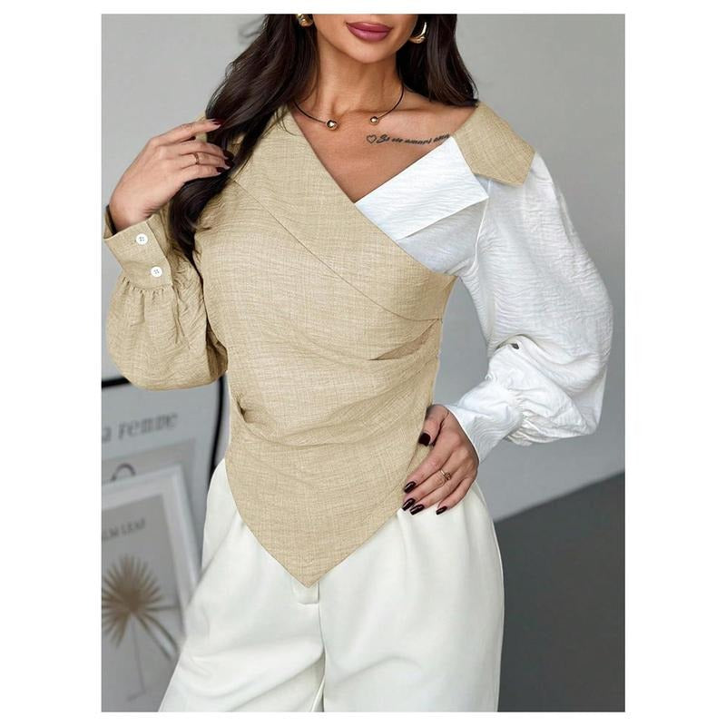 Work Fall Blouse Color Block Lantern Sleeve V Neck Tops Ruched Wrap Business Casual Shirt Hoodie Sweatshirt